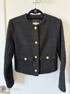 Black Textured Tweed Button-Front Women's Jacket
